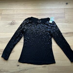 NWT INC INTERNATIONAL CONCEPTS black sequin long sleeve shirt, size large